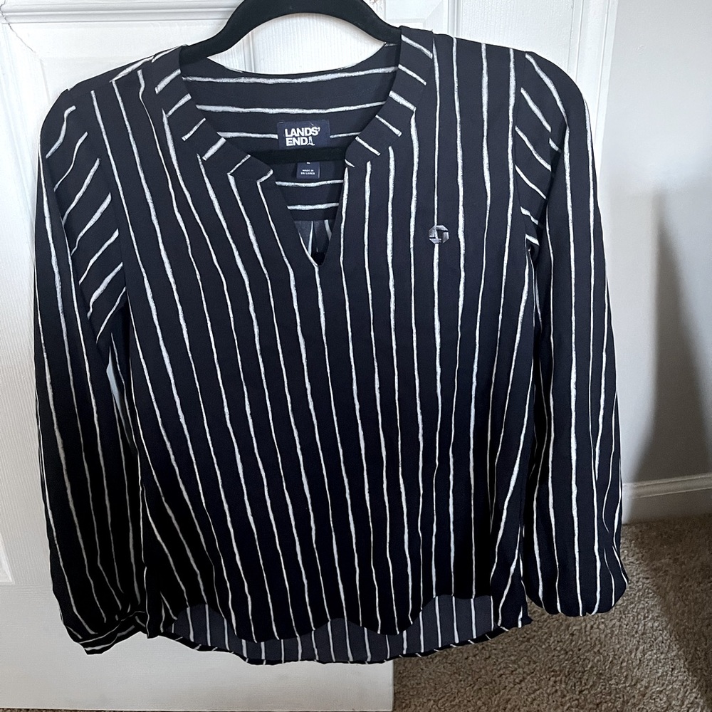 Chase Lands End Women's Shirred Long Sleeve Stripe Split Neck Blouse